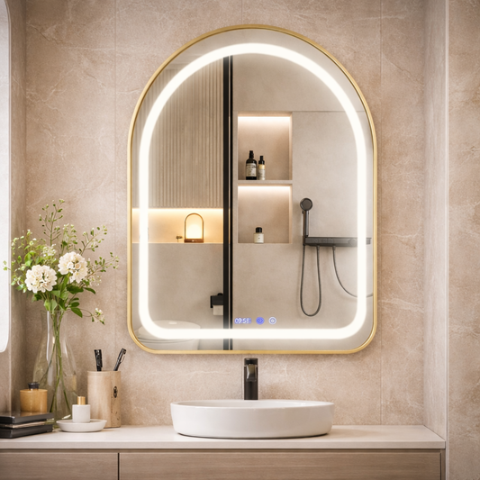 Badkamerspiegel met Verlichting – 60x90 cm – Spiegel met LED Licht-Klok & Touch – Goud