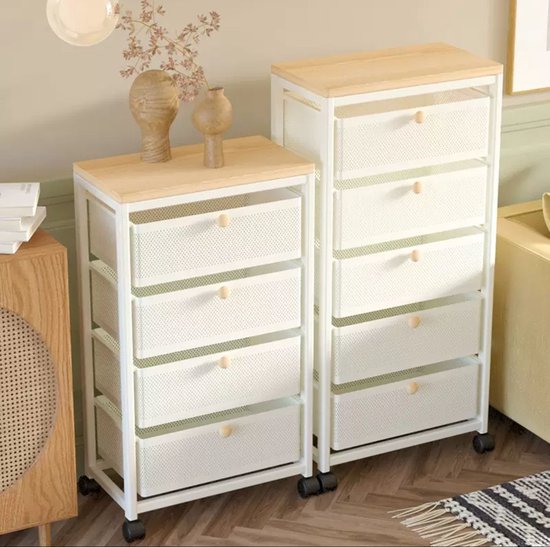 Keukentrolley met 5 Lades | Wit Metaal &amp; Houten Blad