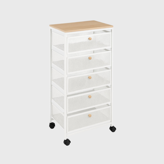 Keukentrolley met 5 Lades | Wit Metaal &amp; Houten Blad