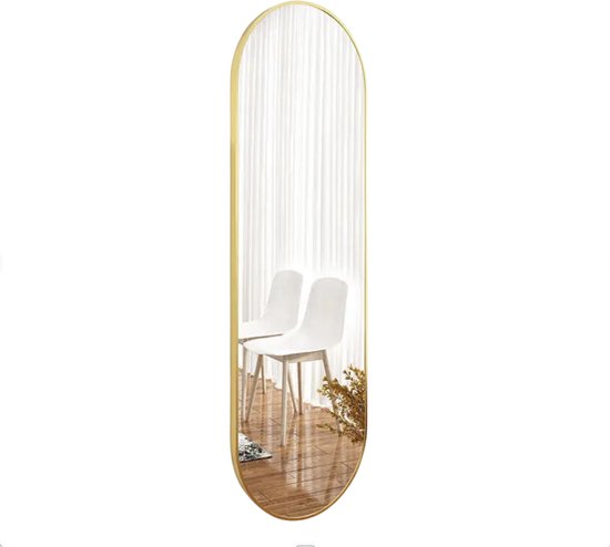 Ovale Passpiegel 160x50 cm – gouden Metalen Rand – Wandspiegel met Haken