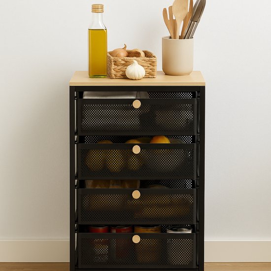keukentrolley - Bamboe - Zwart - kar op wielen – L37xB39xH85 CM