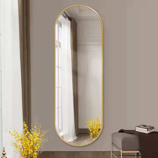 Ovale Passpiegel 160x50 cm – gouden Metalen Rand – Wandspiegel met Haken