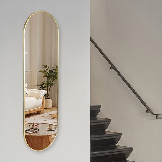 Ovale Passpiegel 160x50 cm – gouden Metalen Rand – Wandspiegel met Haken