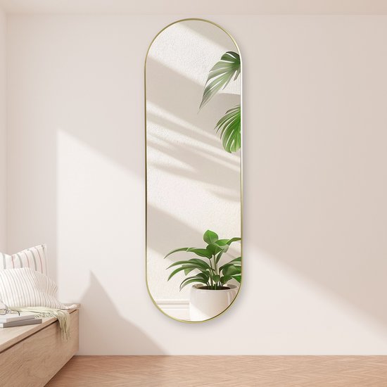 Ovale Passpiegel 160x50 cm – gouden Metalen Rand – Wandspiegel met Haken