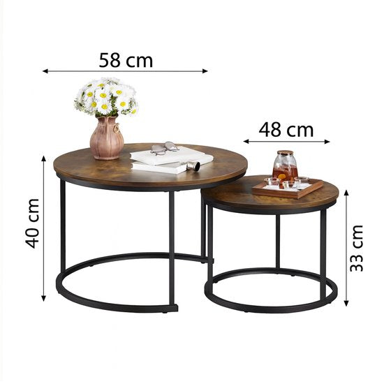 Salontafel Set Rond – 2-Delig – Grote Tafel 58×40 cm & Kleine Tafel 43×33 cm –