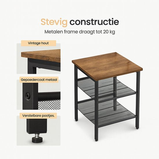 Bijzettafel – Industrieel – Vintage Bruin & Zwart – 40×40×55 cm
