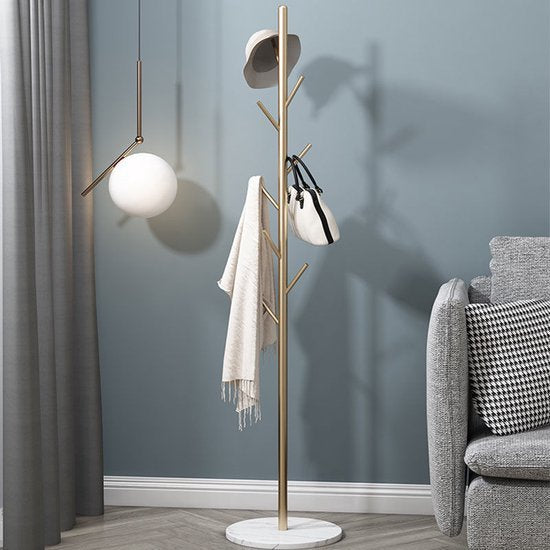 Staande Kapstok – Wit/Goud – Met Marmeren Voet – 8 Haken – 170×32 cm