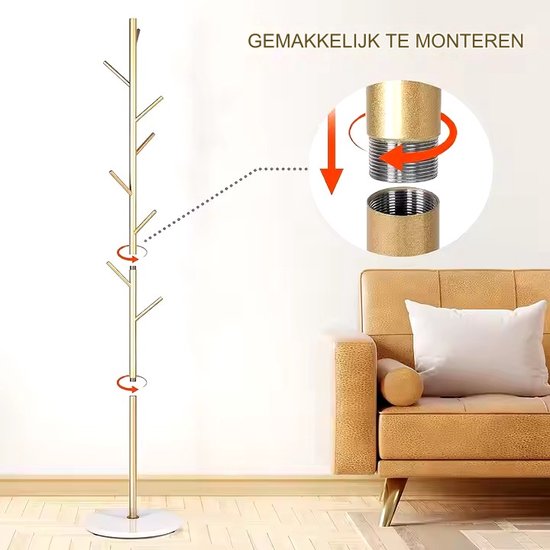 Staande Kapstok – Wit/Goud – Met Marmeren Voet – 8 Haken – 170×32 cm