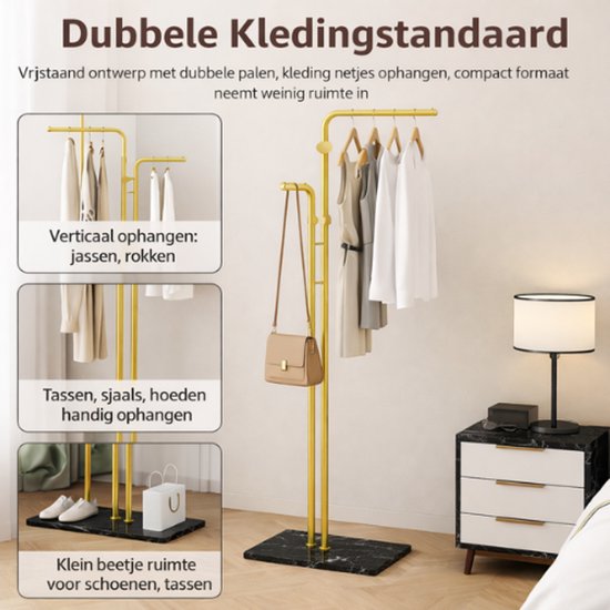 Luxaliving - kapstok staand- Zwart marmeren voet-5 Haaks - H170 x B60 cm - Goud/Zwart
