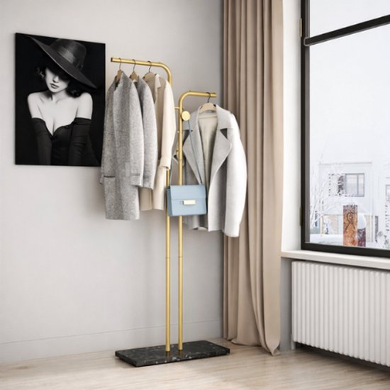 Luxaliving - kapstok staand- Zwart marmeren voet-5 Haaks - H170 x B60 cm - Goud/Zwart