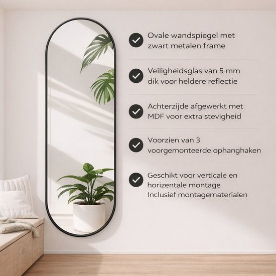 passpiegel hangend- Ovaal - Zwart - Metaal - 150x55cm