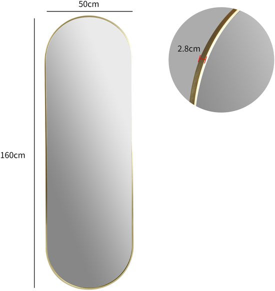 Ovale Passpiegel 160x50 cm – gouden Metalen Rand – Wandspiegel met Haken