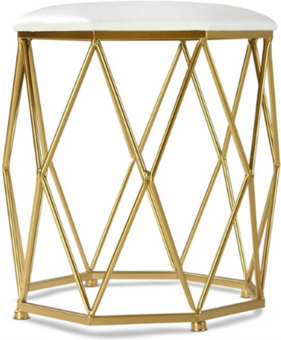 Poef met Goud Metalen Frame – Beige – Ø 34 × 44 cm