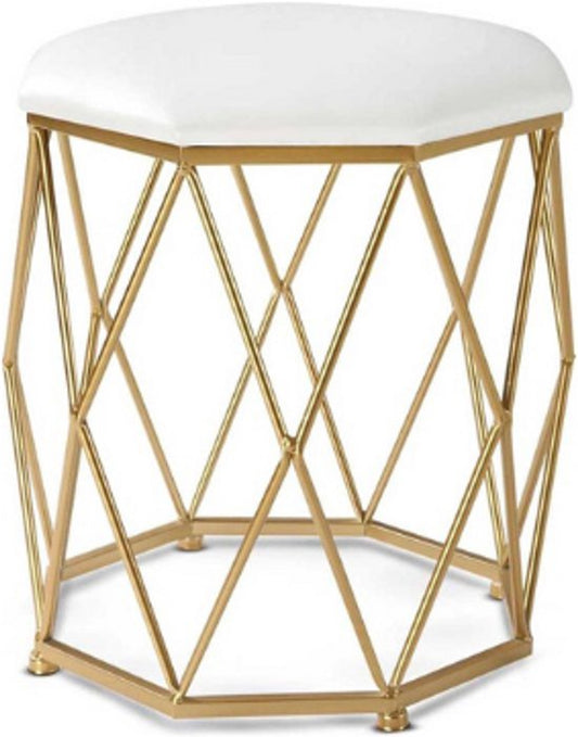 Poef met Goud Metalen Frame – Beige – Ø 34 × 44 cm