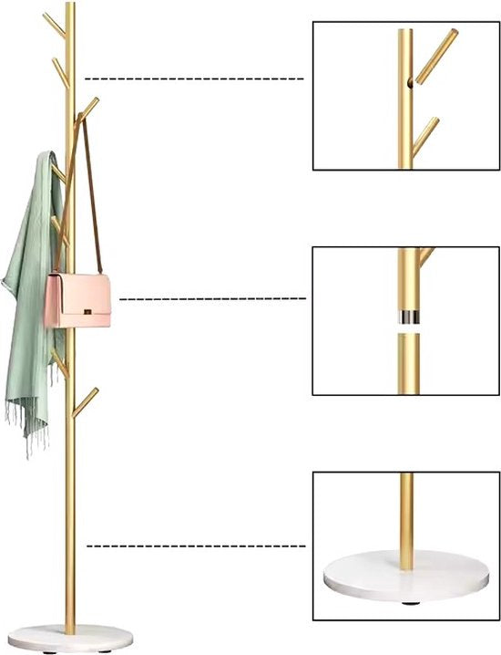 Staande Kapstok – Wit/Goud – Met Marmeren Voet – 8 Haken – 170×32 cm