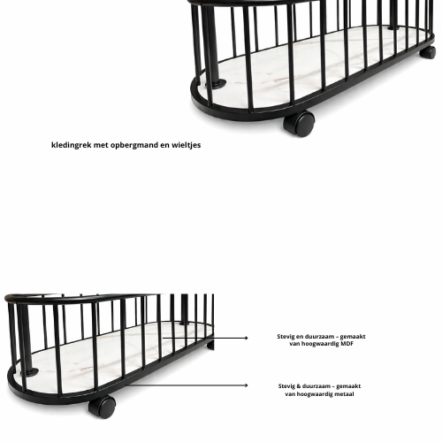 Kledinghangers-Zwart-Wit -kledingrek op wieltjes - 175x80x32cm