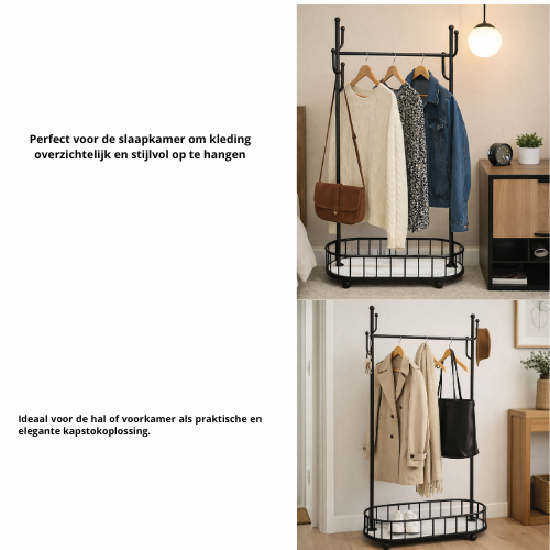 Kledinghangers-Zwart-Wit -kledingrek op wieltjes - 175x80x32cm