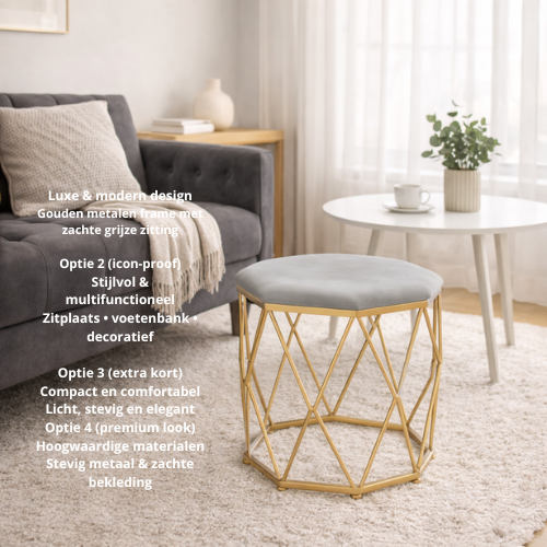 Poef met Goud Metalen Frame –Grijs  – Ø 34 × 44 cm