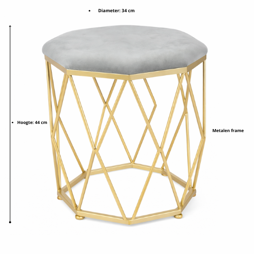 Poef met Goud Metalen Frame –Grijs  – Ø 34 × 44 cm