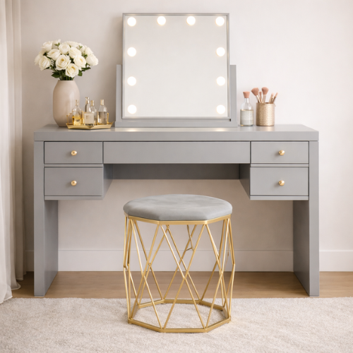 Poef met Goud Metalen Frame –Grijs  – Ø 34 × 44 cm