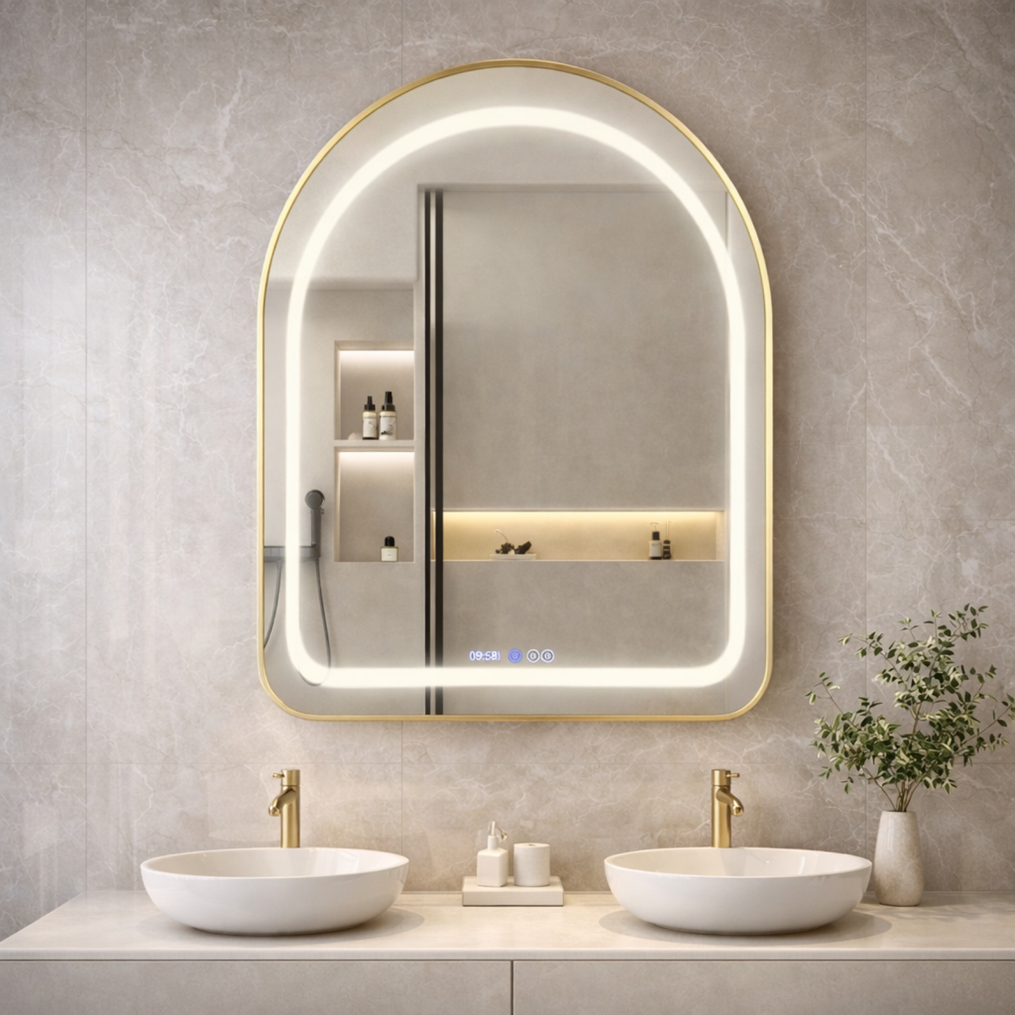 Badkamerspiegel met Verlichting – 60x90 cm – Spiegel met LED Licht-Klok & Touch – Goud