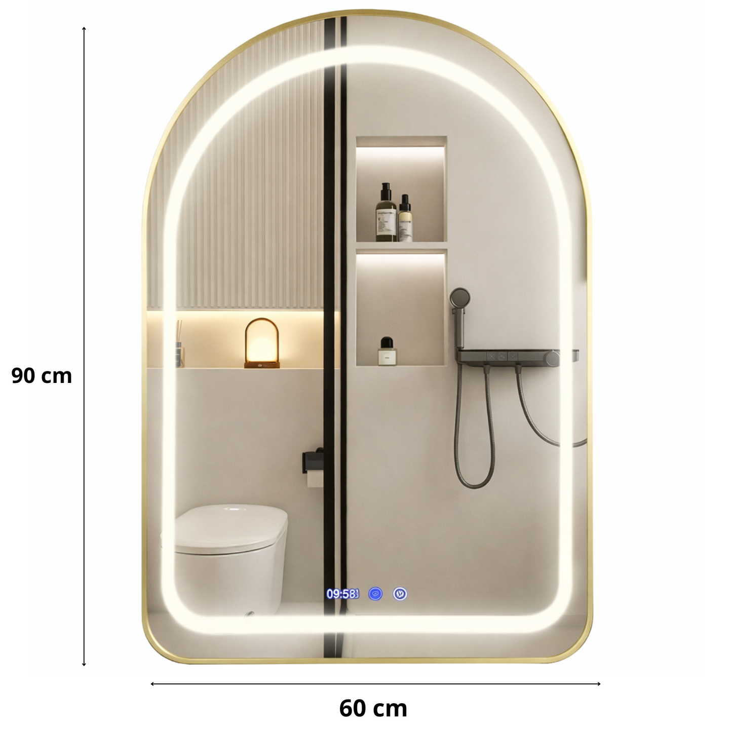 Badkamerspiegel met Verlichting – 60x90 cm – Spiegel met LED Licht-Klok & Touch – Goud