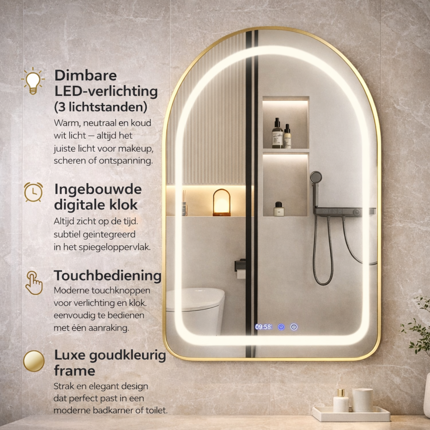 Badkamerspiegel met Verlichting – 60x90 cm – Spiegel met LED Licht-Klok & Touch – Goud
