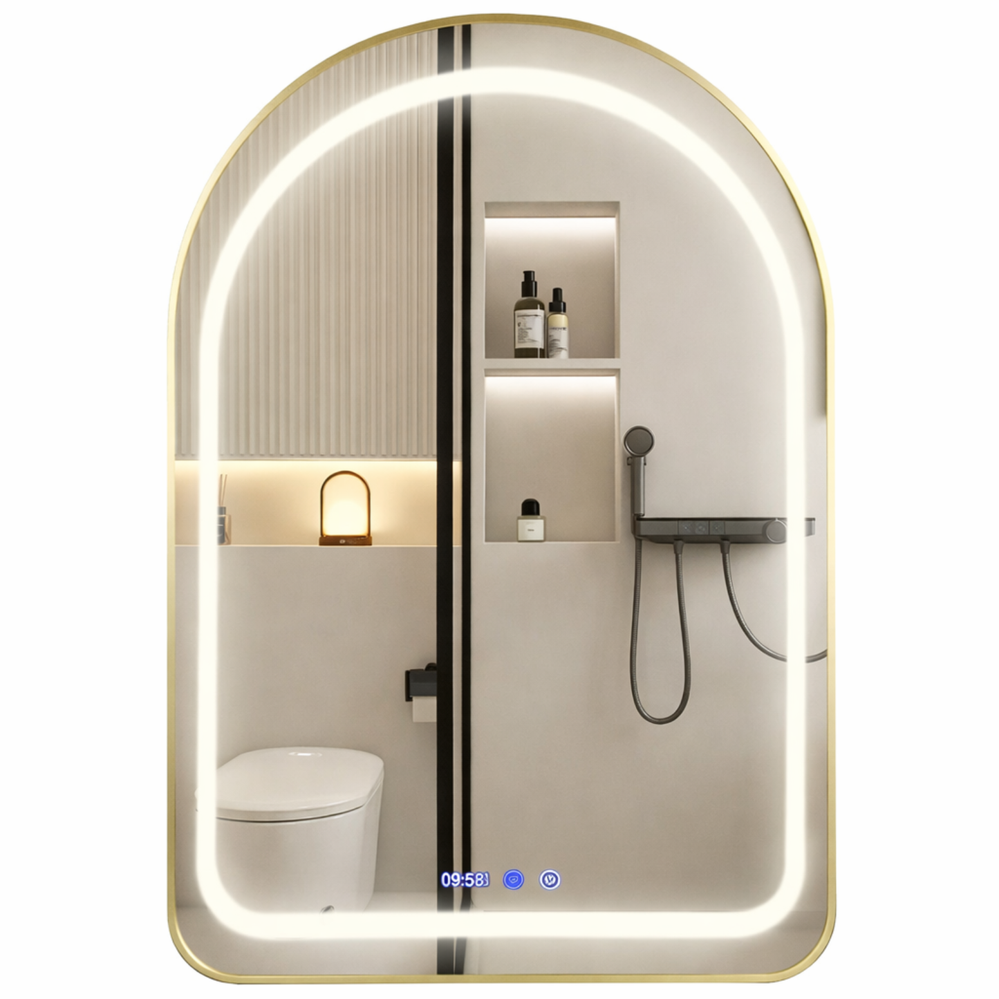 Badkamerspiegel met Verlichting – 60x90 cm – Spiegel met LED Licht-Klok & Touch – Goud