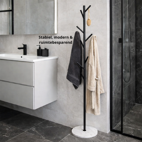 Luxaliving - Kapstok staand -wit marmeren voet  Zwart/Wit- Staande kapsok 8 Haaks - 170x32cm