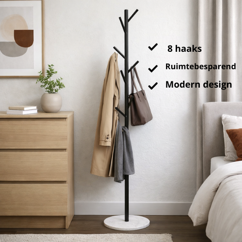 Luxaliving - Kapstok staand -wit marmeren voet  Zwart/Wit- Staande kapsok 8 Haaks - 170x32cm